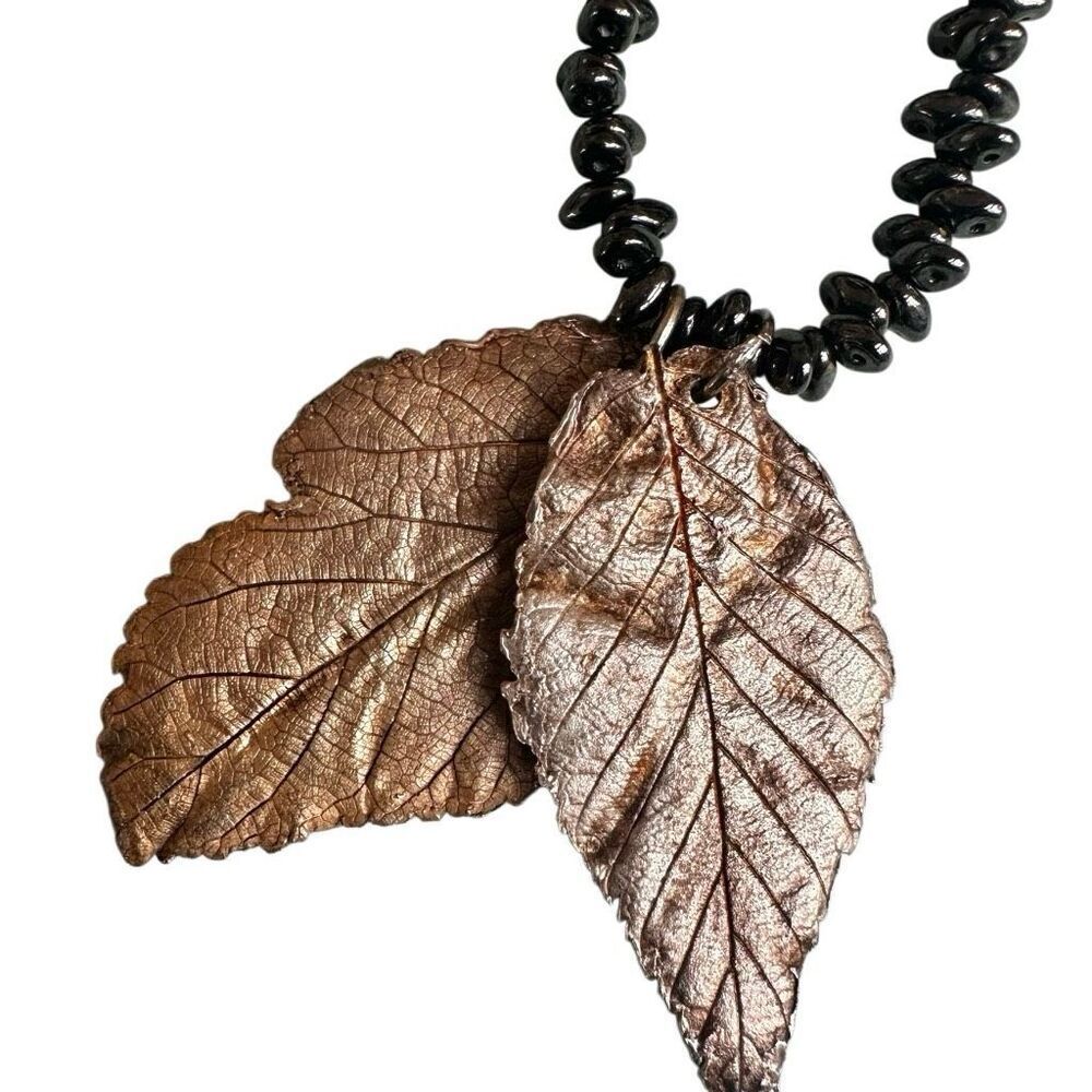 Artisan Hematite Bead Necklace with Electroplated Leaf Pendant - Picture 13 of 13